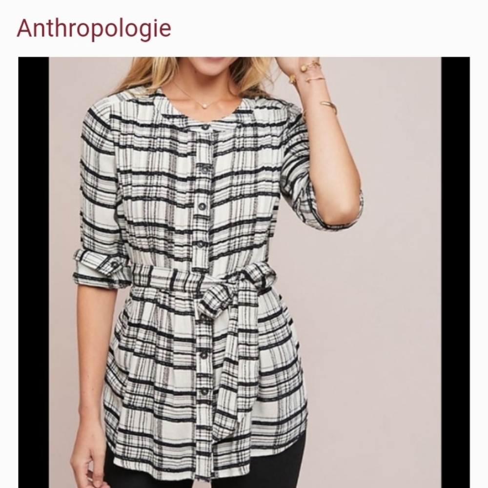 ANTHROPOLOGIE BLACK AND WHITE PLAID TOP, SIZE 6